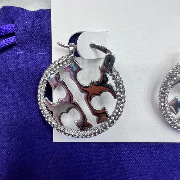 Tory Burch- silver round hoop logo earrings - Picture 3 of 5